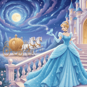 Cinderella in a sparkling blue gown holding a glass slipper on the castle stairs at night, with a golden carriage and white horses in the background – fairytale bedtime story illustration.