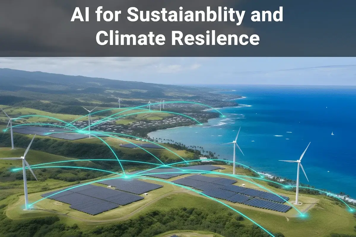 Wind turbines and ocean view representing Hawaii’s AI-powered clean energy initiatives