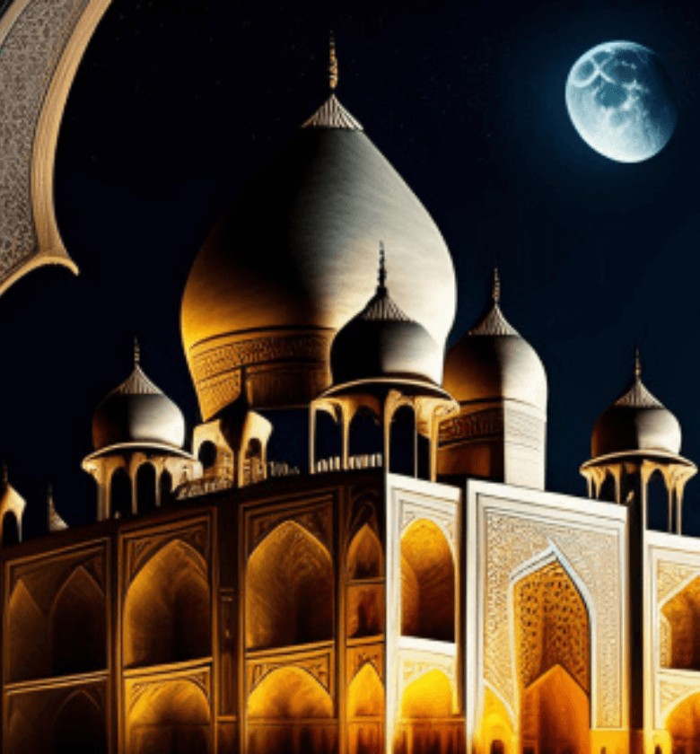 Golden-lit mosque under a bright moonlight sky, showcasing stunning Islamic architecture and spiritual beauty at night.