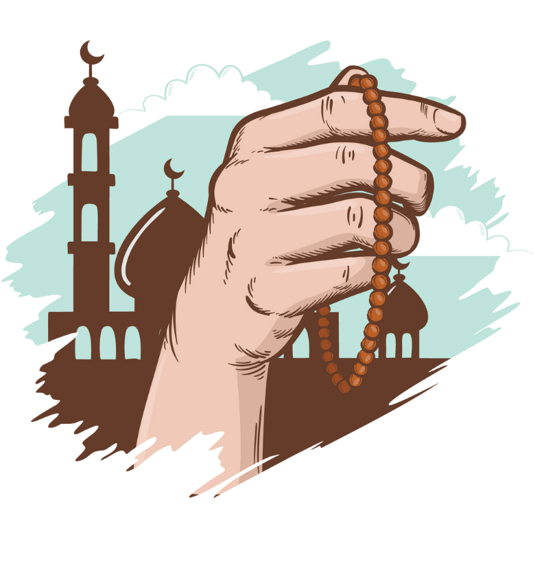 Illustration of a hand holding Islamic prayer beads (tasbeeh) with a mosque in the background, representing remembrance of Allah and devotion in Islam as reflected in the Allama Iqbal Shikwa Poem.