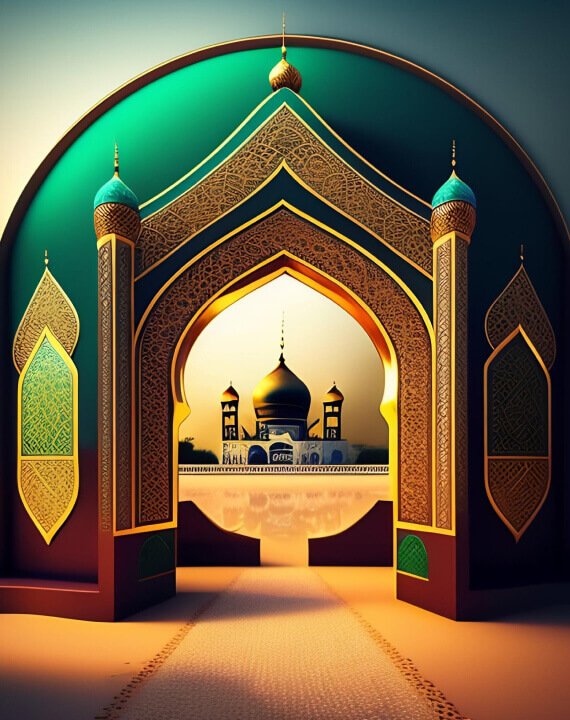 Golden Islamic mosque viewed through an ornate archway at sunset, representing faith, beauty, and spiritual reflection