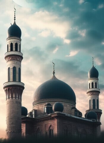 A stunning mosque with tall minarets and a large dome under a cloudy sky, symbolizing Islamic architecture and spiritual beauty.