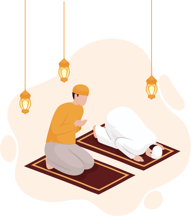 Illustration of two Muslim men praying on prayer mats under lanterns, representing faith, peace, and spiritual connection in Islam