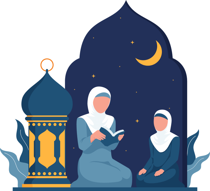 Illustration of two Muslim women wearing hijabs, sitting together and reading the Quran under the crescent moon, symbolizing Islamic faith and learning.
