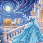 Cinderella in a sparkling blue gown holding a glass slipper on the castle stairs at night, with a golden carriage and white horses in the background – fairytale bedtime story illustration.