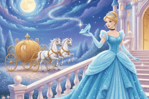 Cinderella in a sparkling blue gown holding a glass slipper on the castle stairs at night, with a golden carriage and white horses in the background – fairytale bedtime story illustration.